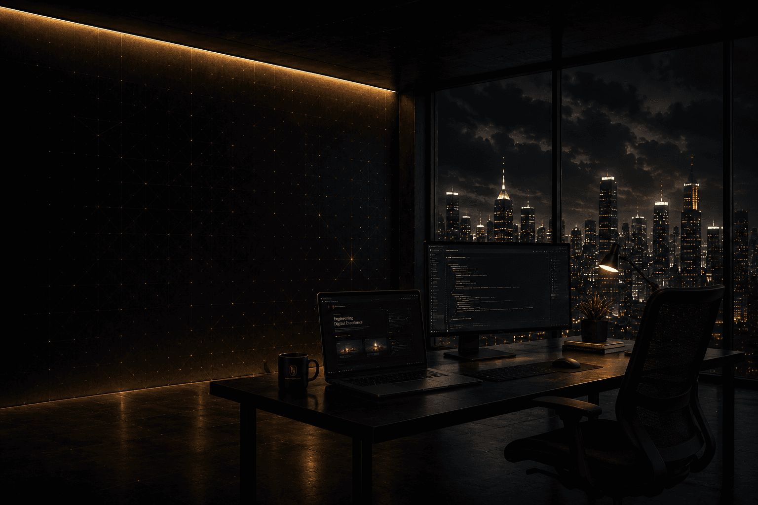 Dark cinematic studio workspace with city lights